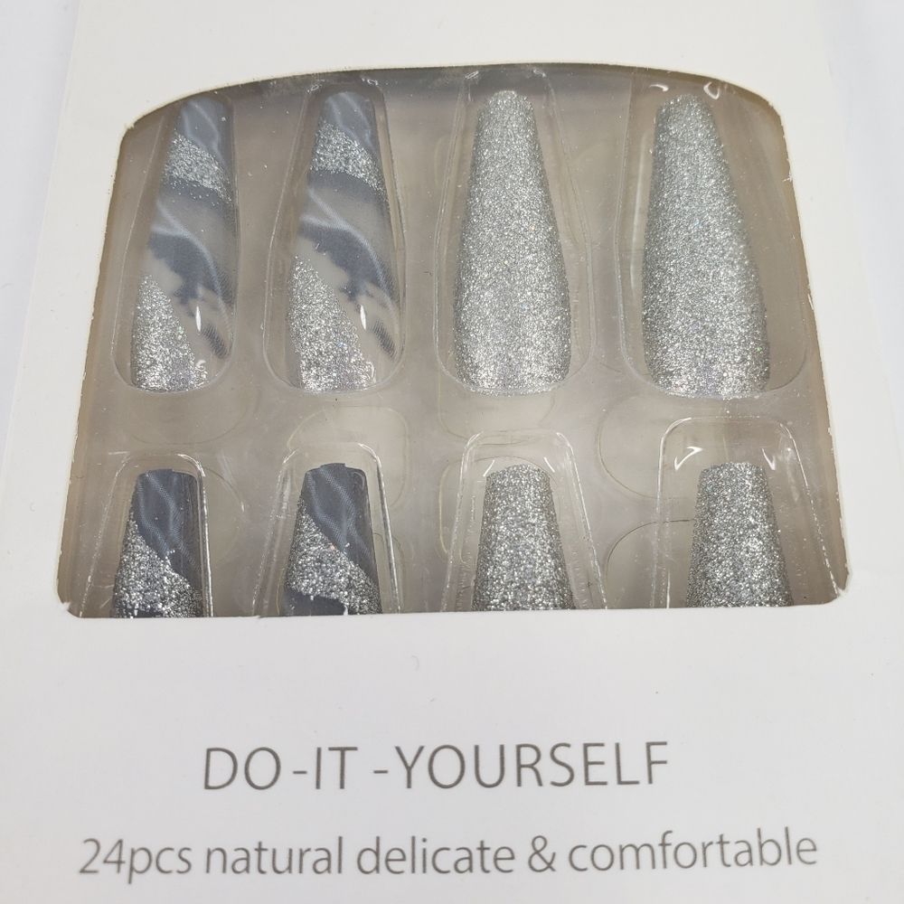 Silver Glitter Press On Nails 25 Pc Set Long Coffin Shape Marble Design w/ Glue - Picture 2 of 5